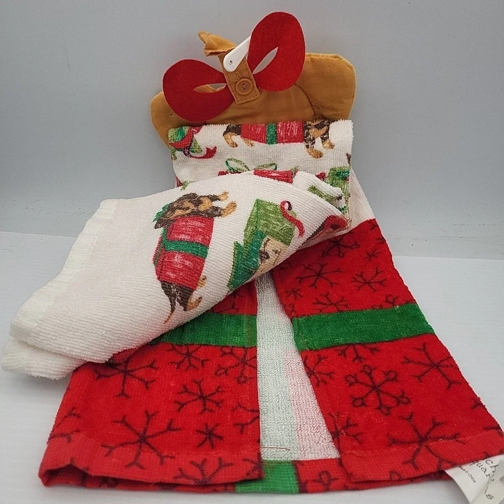 St. Nicholas Square Holiday Kitchen Towels Dog Puppy Hanging‎ Standard NWT